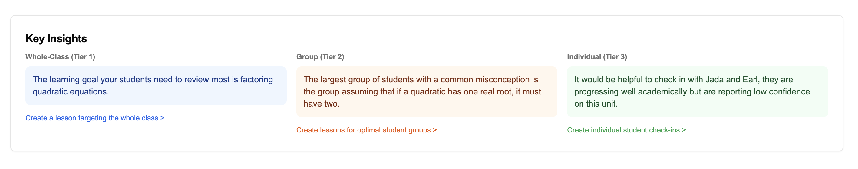 Key Insights Dashboard showing differentiated learning tiers